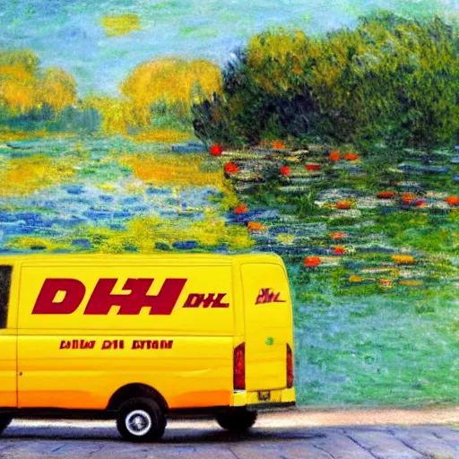 Prompt: DHL yellow DHL van and the lake, with a man in orange shirt painting by Monet