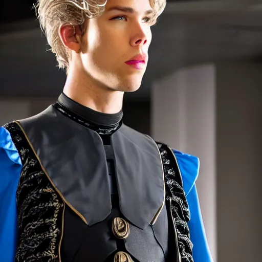 Prompt: medium face shot of adult Austin Butler !!!!with exposed head!!!!, dressed in black-prussian blue futuristic-tudoresque clothing with Harkonnen-Ram-embroidery, and nanocarbon-vest, in an arena in Dune 2021, XF IQ4, f/1.4, ISO 200, 1/160s, 8K