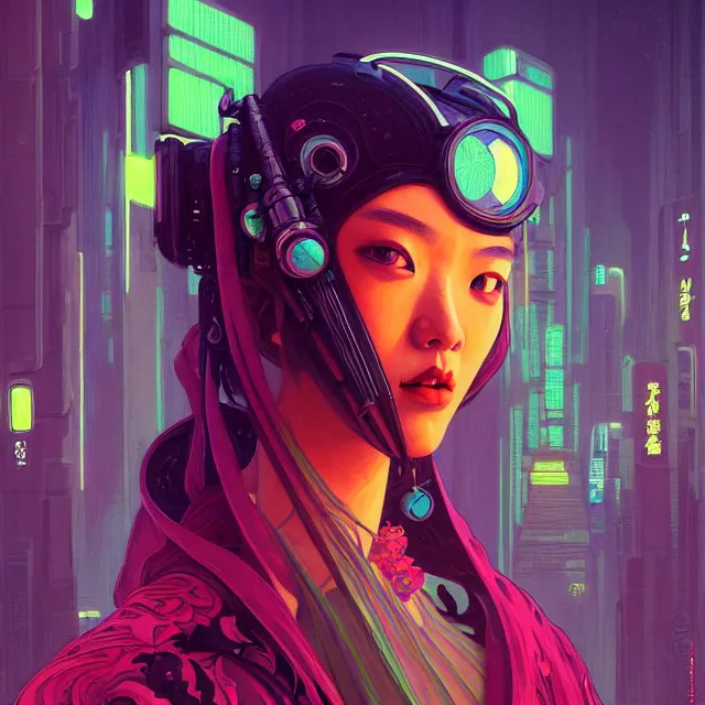 Prompt: a beautiful portrait painting of a ( cyberpunk ) tang wei by simon stalenhag and pascal blanche and alphonse mucha and nekro and josan gonzalez. in style of digital art. colorful comic, film noirs, symmetry, brush stroke, vibrating colors, hyper detailed. octane render. trending on artstation