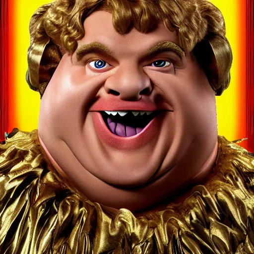 Image similar to snl chris farley as the cowardly lion of oz, studio poster photography, trending on artstation, featured on deviantart, award winning costume