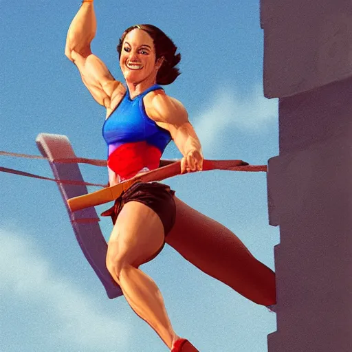 Prompt: Mary Lou Retton training for the show American Ninja Warrior by Stanley Artgerm Lau, WLOP, Rossdraws, Frank Frazetta, Andrei Riabovitchev, Marc Simonetti, trending on artstation.