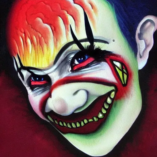 Prompt: fantasy painting of a clown by the blair witch project | horror themed | creepy