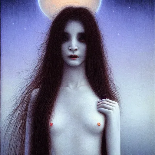 Image similar to majestic pale vampire princess with very long black hairs at moon night, by Beksinski