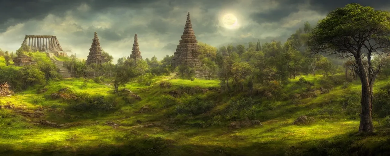 Image similar to Fantasy landscape, rolling hills, trees and ancient temple