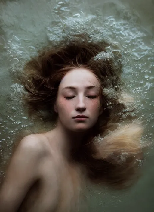 Image similar to Kodak Portra 400, 8K, soft light, volumetric lighting, highly detailed, britt marling style 3/4 by Martin Stranka , portrait photography of a beautiful woman with her eyes closed,inspired by Ophelia by Martin Stranka, the face emerges from water of Pamukkale, underwater face, anatomical real full body dressed ethereal lace dress floating in water surface , the hair are intricate with highly detailed realistic beautiful brunches and flowers like crown, Realistic, Refined, Highly Detailed, soft blur background, outdoor soft pastel lighting colors scheme, outdoor fine art photography, Hyper realistic, photo realistic