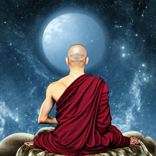 Prompt: render of a monk on top of a mountain, in the style of alex gray, full moon, galaxy, milky way, buddhism, 8 k, intricate details, elegant, cinematic