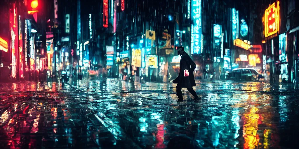 Prompt: a cinematic shot of a man in a trench coat walking down a busy city street at night, wet streets, in the style of blade runner, colorful, neon