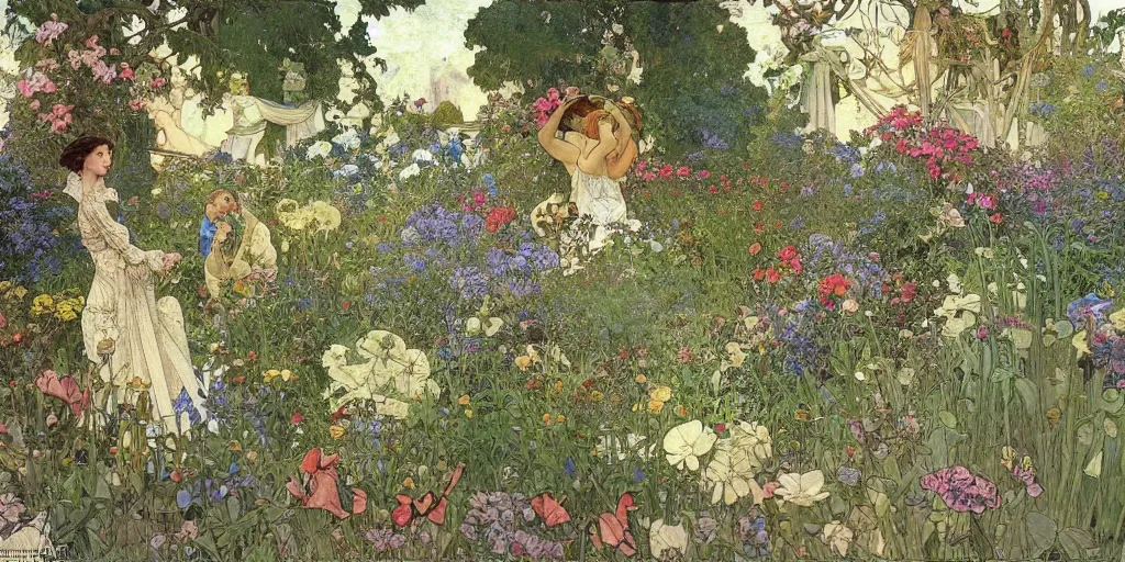 Image similar to an illustration of a beautiful garden, isometric view, painted by denis sarazhin and james jean and alphonse mucha