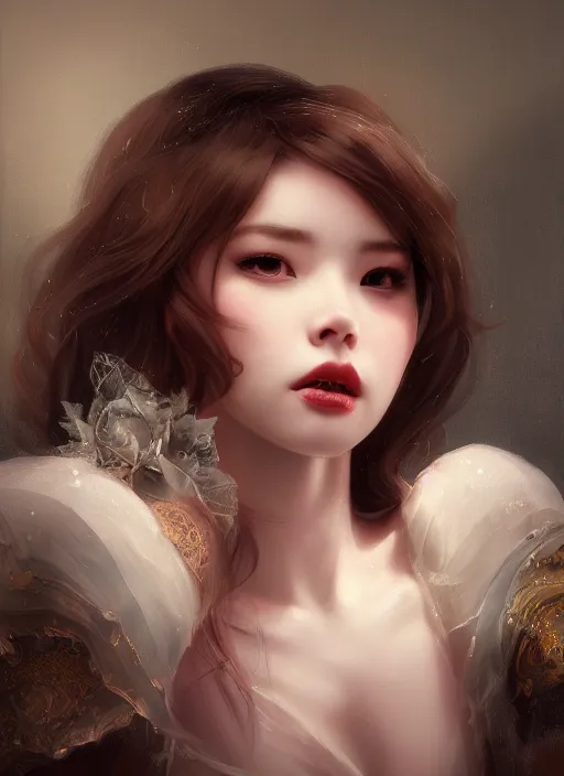 Image similar to of dark fantasy by Kyung Eom, young beautiful Belle Delphine, close up face portrait, medium shot, intricate, elegant, warm light, highly detailed, digital painting, volumetric light, artstation, concept art, smooth, sharp focus, illustration, art by Gil Elvgren and Adolf Wölfli and Peter Mohrbacher