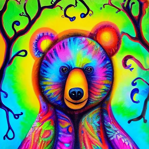 Image similar to a painting of a bear in a tree, an airbrush painting by lisa frank, trending on deviantart, psychedelic art, detailed painting, airbrush art, acrylic art