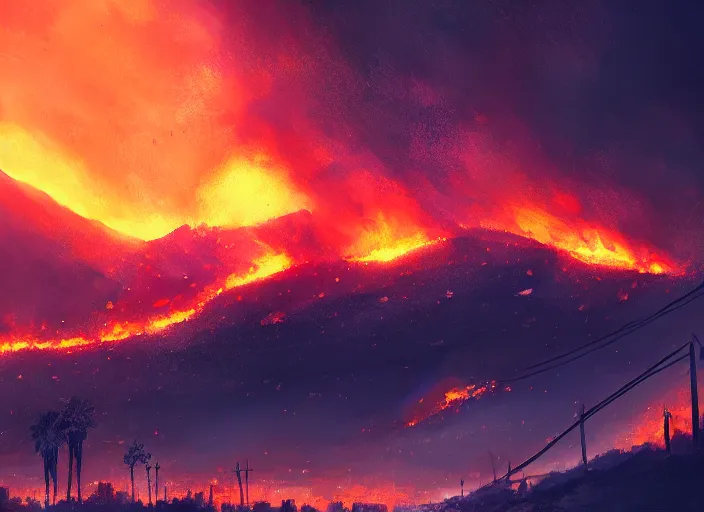 Image similar to beautiful and terrible fires of los angeles, atmoshperic, sharp focus, dark road, ghotic, huge lips, trending on artstation, intricate details