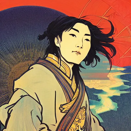 Image similar to portrait of a samurai, red moon on the background, illustration, pop art, thick brush, art by alphonse mucha, makoto shinkai