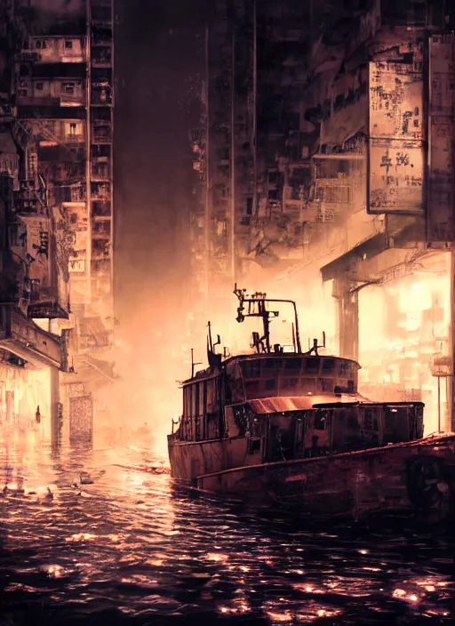 Prompt: dramatic Photorealistic, Matte Painting of a tug boat with bright head lights exploring a busy post apocalyptic deep flooded Hong Kong city street at night,dark Tall buildings by Greg Rutkowski,Craig Mullins,Hyperrealism,Beautiful dramatic moody lighting,Cinematic Atmosphere,volumetric,Octane Rendering,8K