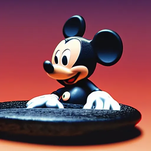Image similar to close up of mickey mouse in a mouse trap, cinematographic shot, cartoon