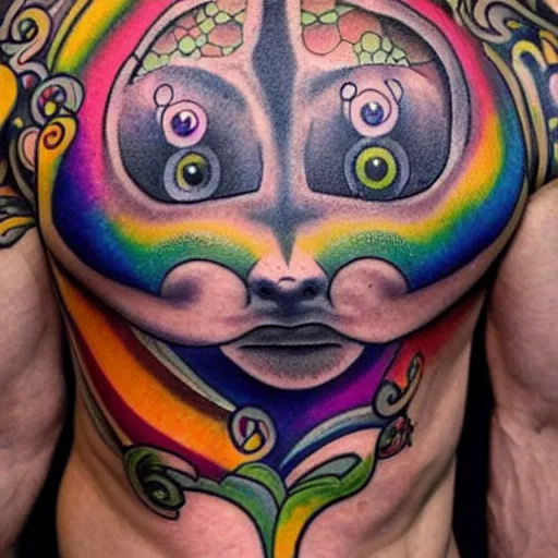 Prompt: shoulder tattoo of a multicolored psychedelic cute bush baby, eyes are colorful spirals, surrounded with colorful magic mushrooms and rainbowcolored marihuana leaves, insanely integrate