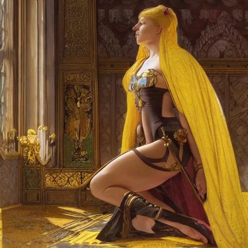 Image similar to humiliated man kneeling before a proud queen, yellow eyes, medieval art, medium shot, intricate, elegant, highly detailed, digital painting, volumetric light, artstation, concept art, smooth, sharp focus, illustration, art by Gil Elvgren and Greg Rutkowski and Alphonse Mucha, 8K