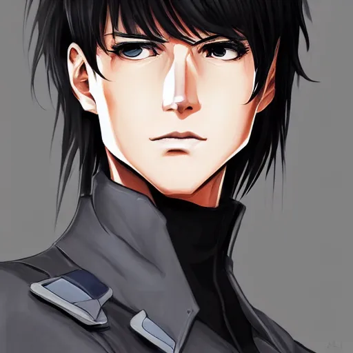 Image similar to Anime portrait of a man by Artgerm, he is about 30 years old, short black hair with bangs, his features are a mix between French, Turkish and Russian and he is wearing a beige and black utility jumpsuit, highly detailed portrait, digital painting, artstation, concept art, smooth, sharp foccus ilustration, Artstation HQ