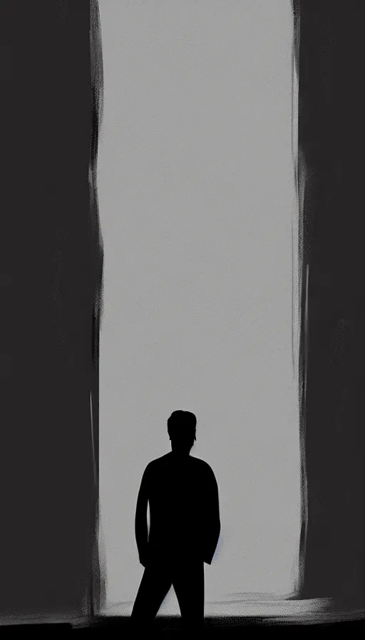 Image similar to concept art by jama jurabaev, cinematic shot, trending on artstation, high quality, brush stroke, sharp corners, black and white, reflective rectangular, a man's silhouette standing outside of a door