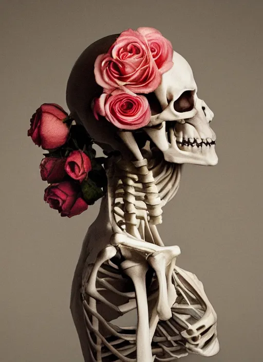 Image similar to a womans face in profile made of roses skeleton in the style of the dutch masters and gregory crewdson dark and _ moody