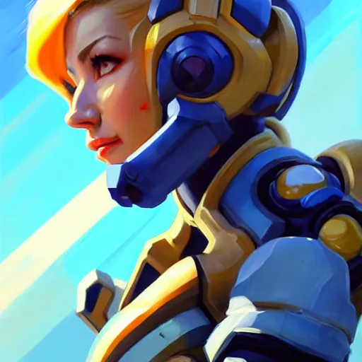 Prompt: Greg Manchess portrait painting of Samus Aran as Overwatch character with League of Legends outfit, medium shot, asymmetrical, profile picture, Organic Painting, sunny day, Matte Painting, bold shapes, hard edges, street art, trending on artstation, by Huang Guangjian and Gil Elvgren and Sachin Teng