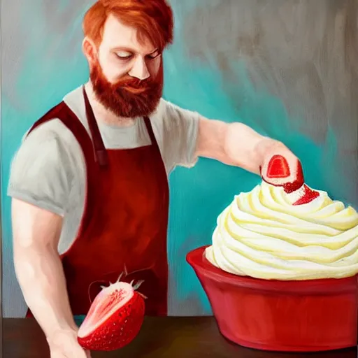 Prompt: painting of redhead bearded boyfriend making strawberry shortcake topped with whipped cream