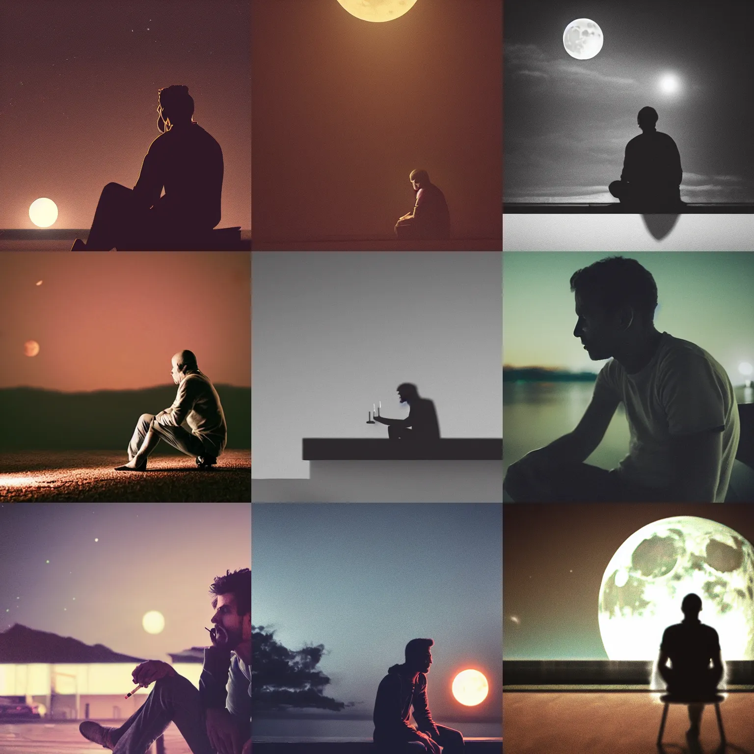 Prompt: man sitting at night smoking and looking at the moon, dark, soft tones, cinematic, octane