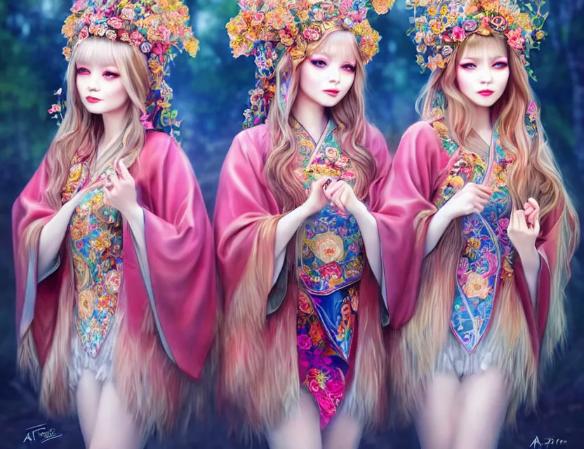 Image similar to two beautiful fashion siberian girls wear fantasy kimono in festival | | big eyes, sunny, dreamlike art, realistic shaded, smile, good looking, hyper details, 4 k realistic, cryengine, realistic shaded lighting poster by artgerm, ross tran, fuji choko, loish, 8 k resolution, trending on artstation, luxury