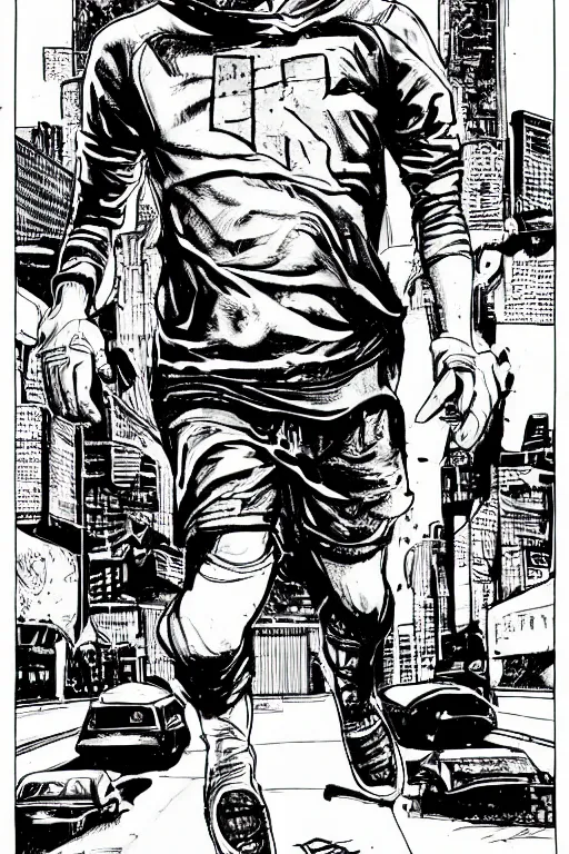 Image similar to jamie vardy as an edgerunner, standing heroically, a page from cyberpunk 2 0 2 0, style of paolo parente, style of mike jackson, adam smasher, johnny silverhand, 1 9 9 0 s comic book style, white background, ink drawing, black and white