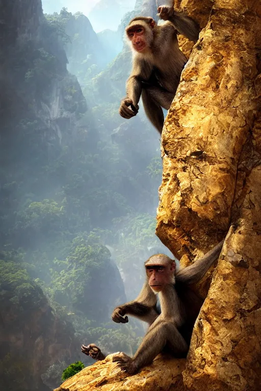 Image similar to a monkey standing at the top of a cliff throwing a bone in the air , dramatic lighting, cinematic, establishing shot, extremly high detail, photorealistic, cinematic lighting, artstation, style by James Gurney