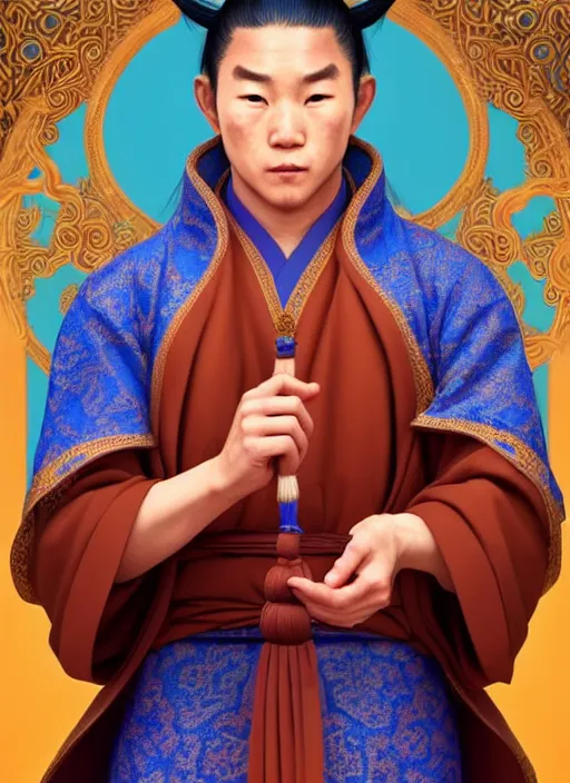 Prompt: male monk with a mongolian pigtail!!!! asian facial features and blue eyes!! intricate ornate blue robes!! character concept art, sharp focus, octane render! unreal engine 5! highly rendered!! trending on artstation!! detailed linework!! illustration by artgerm, wlop, and chie yoshii