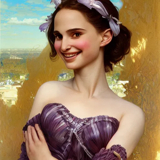 Image similar to smiling cheshire cat, portrait of a young natalie portman, intricate, elegant, highly detailed, digital painting, artstation, concept art, smooth, sharp focus, illustration, art by artgerm and greg rutkowski and alphonse mucha and william - adolphe bouguereau