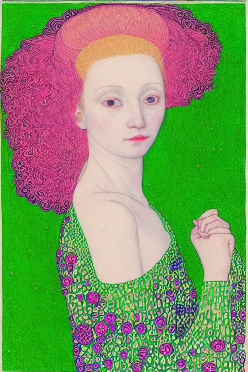 Image similar to “portrait of a young pale woman with pink hair, wearing a neon green dress, intricate details, super-flat, in the style of James Jean and Gustav Klimt”