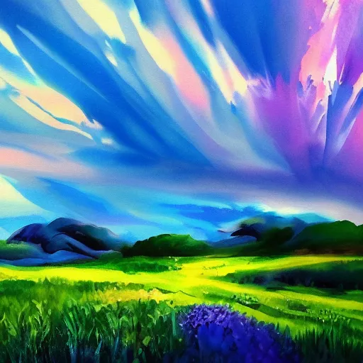 Prompt: wallpaper, beautiful scenery, painting, blue and purple, dreamy sky