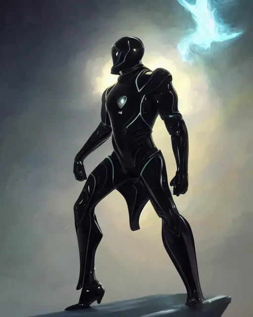 Image similar to iridescent sinewy smooth muscular male sleek glossy black pearlescent scifi armor with smooth black featureless helmet, by greg rutkowski and mark brookes and jim burns and tom bagshaw and magali villeneuve, trending on artstation