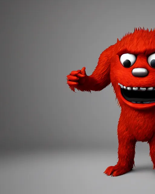 Prompt: 3 d render of completely red hairy friendly monster smiling wearing chrome shades, simple, cute, cartoony, white background, unreal engine 5 hdr