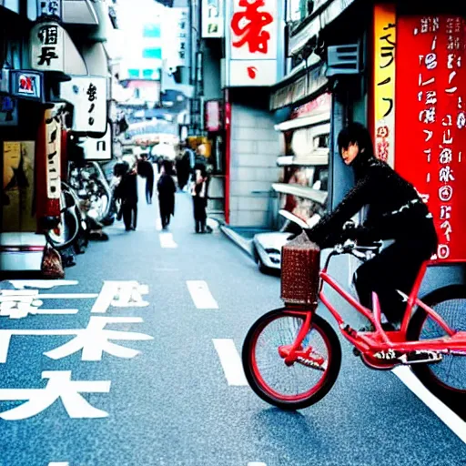 Image similar to a dragon riding a bike in the streets of tokyo