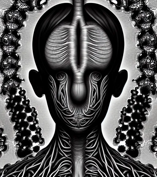 Image similar to a black and white high quality photo of a young beautiful female queen-vegetal-dragon-cyborg bust with a very long neck and Mandelbrot fractal face, Mandelbrot fractal skin, flesh, anatomical, facial muscles, veins, arteries, elegant, highly detailed, flesh highly baroque ornate, hair are wired cables, elegant, high fashion, rim light, octane render, in the style of Cindy Sherman, Realistic, Refined, Digital Art, Highly Detailed, Cinematic Lighting, rim light, black and white, photo-realistic, 8K