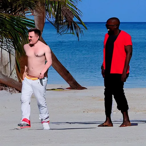 Image similar to elon musk and kanye west laughing chilling at the beach in aruba