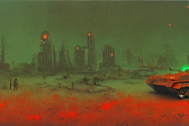 Image similar to glowing green alien crystals, polished green quartz surface irradiating radioactive zombie infested city, t - 9 0 tank, dark apocalyptic orange and red wasteland, beksinski