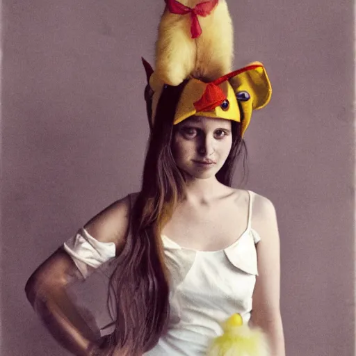 Image similar to elegant woman dressed up as pikachu, art photo by Annie Liebovitz and David Hamilton and Alphonse Mucha