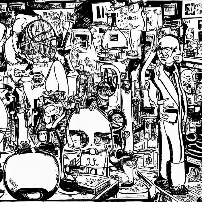 Image similar to a still frame from comic strip atlas molecule scientific weird 1 9 9 0, new yorker illustration, monochrome contrast bw, lineart, manga