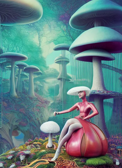 Prompt: lady gaga with futuristic mushroom : : by martine johanna and simon stalenhag and chie yoshii and casey weldon and wlop : : ornate, dynamic, particulate, rich colors, intricate, elegant, highly detailed, vogue, harper's bazaar art, fashion magazine, smooth, sharp focus, 8 k, octane render,