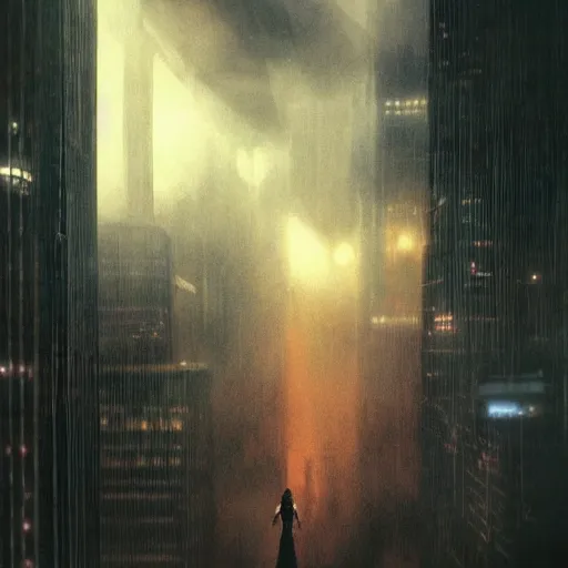 Image similar to “ girl standing on a roof looking down at a foggy futuristic new york city below, blade runner, cyberpunk, storm clouds, very detailed, by frank frazetta ”
