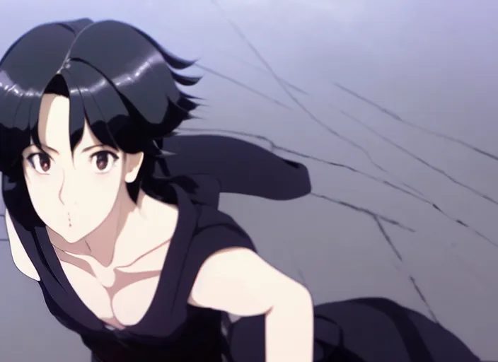 Image similar to a film still portrait of a fubuki as a confident woman, dark hair, black ornate dress, finely detailed features, closeup at the faces, perfect art, at an ancient city, gapmoe yandere grimdark, trending on pixiv fanbox, painted by greg rutkowski makoto shinkai takashi takeuchi studio ghibli, akihiko yoshida