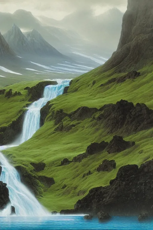 Prompt: painting of iceland landscape with a blue glacier lake and a waterfall, green moss and black rocks and black sand, a detailed matte painting by christophe vacher, matte painting, ultra detailed, matte drawing