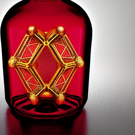 Prompt: The legendary Blood-Red Sparkling health potion in a hexagonal bottle fuming from its opening, golden lace pattern, photorealistic render