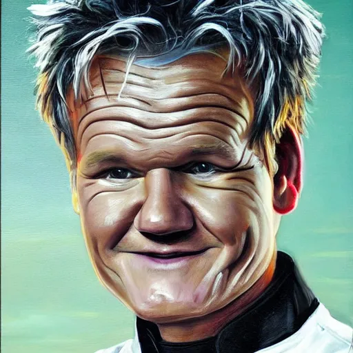 Prompt: Chef Gordon Ramsey with his head sandwiched, oil painting