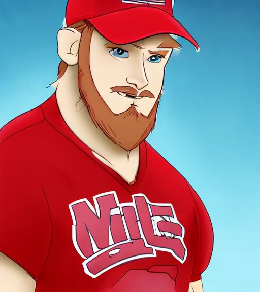 Image similar to tall white guy with a short blonde beard wearing an nc state red baseball cap and red shirt full color digital illustration in the style of don bluth, artgerm, artstation trending, 4 k