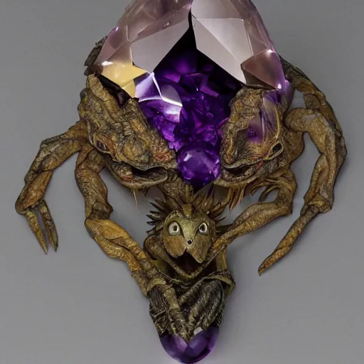 Prompt: zergling skeksis from the dark crystal wearing golden talismans and amethyst crystals. dark undertones. diffuse volumetric lighting.