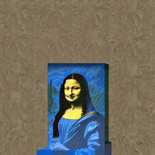 Image similar to painting of minecraft dirt block, high definition picture of a painting of a person with a minecraft dirt block as a head on a wall, with only the body of the mona lisa